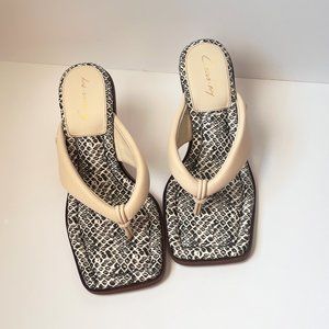 Sam Edelman Square toe dress mules- ivory & snakeskin, cushioned kitten heels